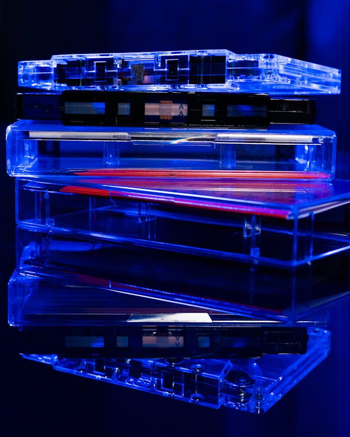 vintage-audio-cassette-tapes-in-artistic-blue-light-30727761